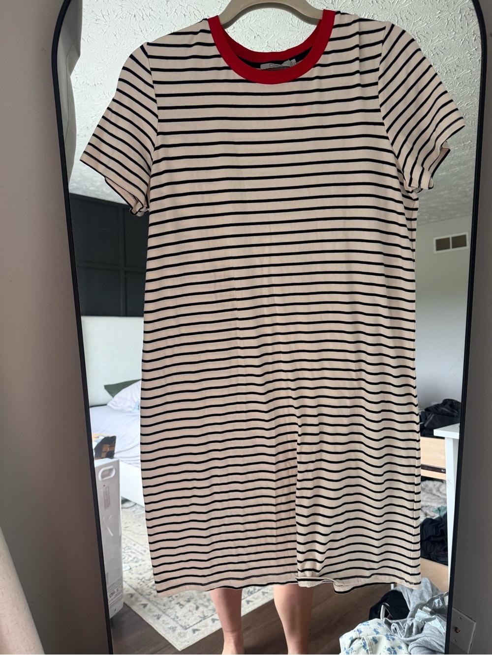 Dalia Cream and Black Striped Mini Dress with Red Neckline